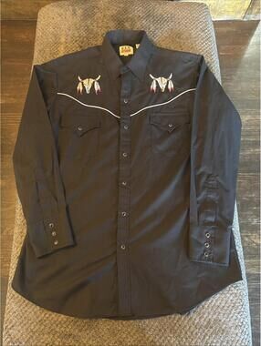 VTG ELY CATTLEMAN Mens Large Black Western Pearl Snap Cow Skull Head Shirt